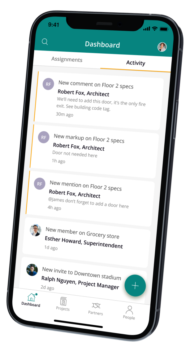 activedraft construction collaboration mobile app with activity ui on iphone