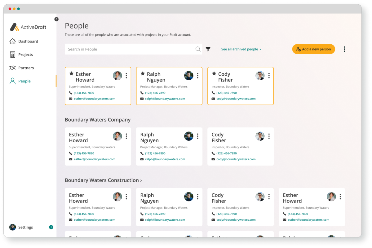 activedraft project management software with people ui on browser